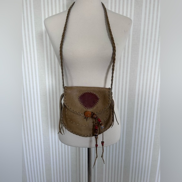 Vintage 70s Southwest Green Leather Crossbody Bag Hand Tooled Braided Handle - Picture 1 of 10